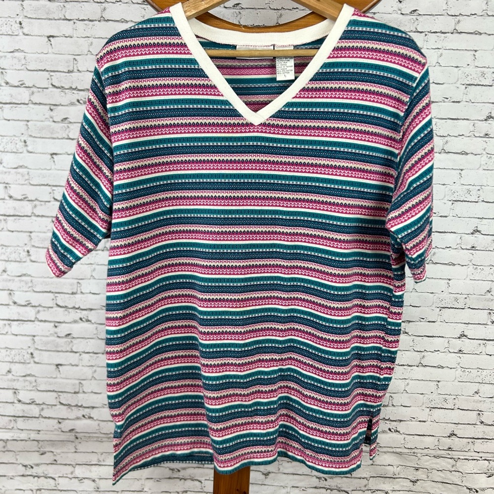 Vintage Striped V-Neck Short Sleeve Women's Top size L
